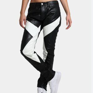 Women Faux Leather Star Wide Leg Pants in Black and White Size Extra Large